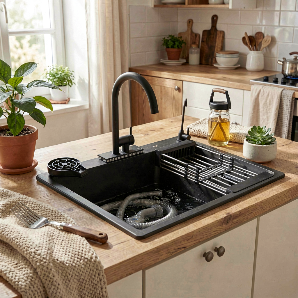 سینک ظرفشویی مشکی  برند اصلی LEYLE همراه با شیر ظرفشویی  آبشاری  و لوازم جانبی متنوع وکامل