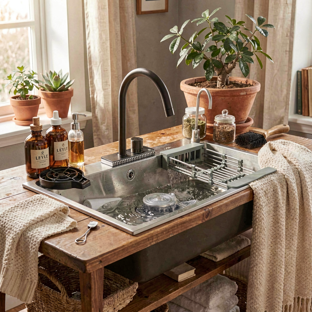 سینک استیل مات برند اصلی LEYLE همراه با  شیر ظرفشویی ابشاری و لوازم جانبی متنوع و کامل