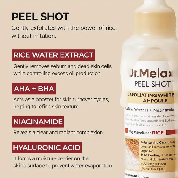 سرم درخشان کننده و لایه بردار ملایم پوست دکتر ملاکسین مدل Peel Shot Exfoliating White Rice مناسب برای انواع پوست حجم 80 میلی لیتر