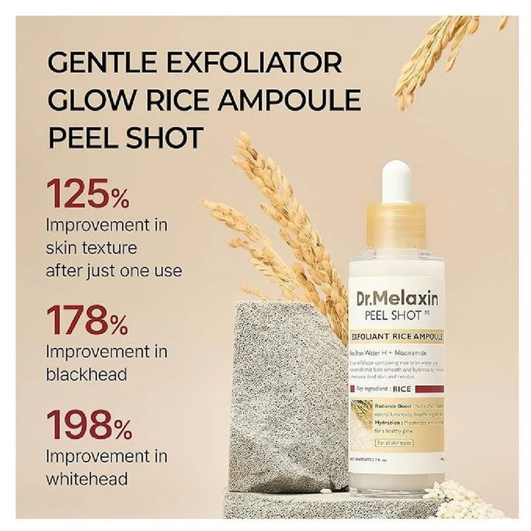 سرم درخشان کننده و لایه بردار ملایم پوست دکتر ملاکسین مدل Peel Shot Exfoliating White Rice مناسب برای انواع پوست حجم 80 میلی لیتر